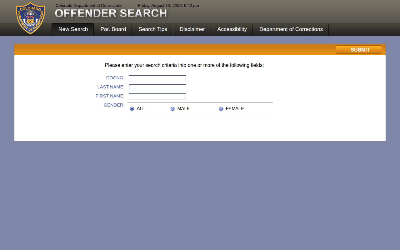 CDOC offender search fields for Jackson County state custody records