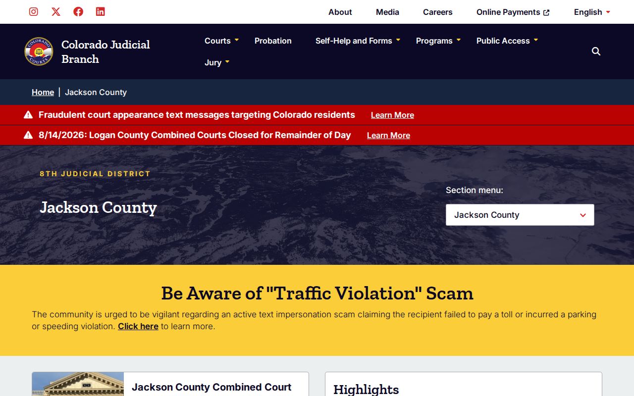 Jackson County Combined Court warrant record and case contact page